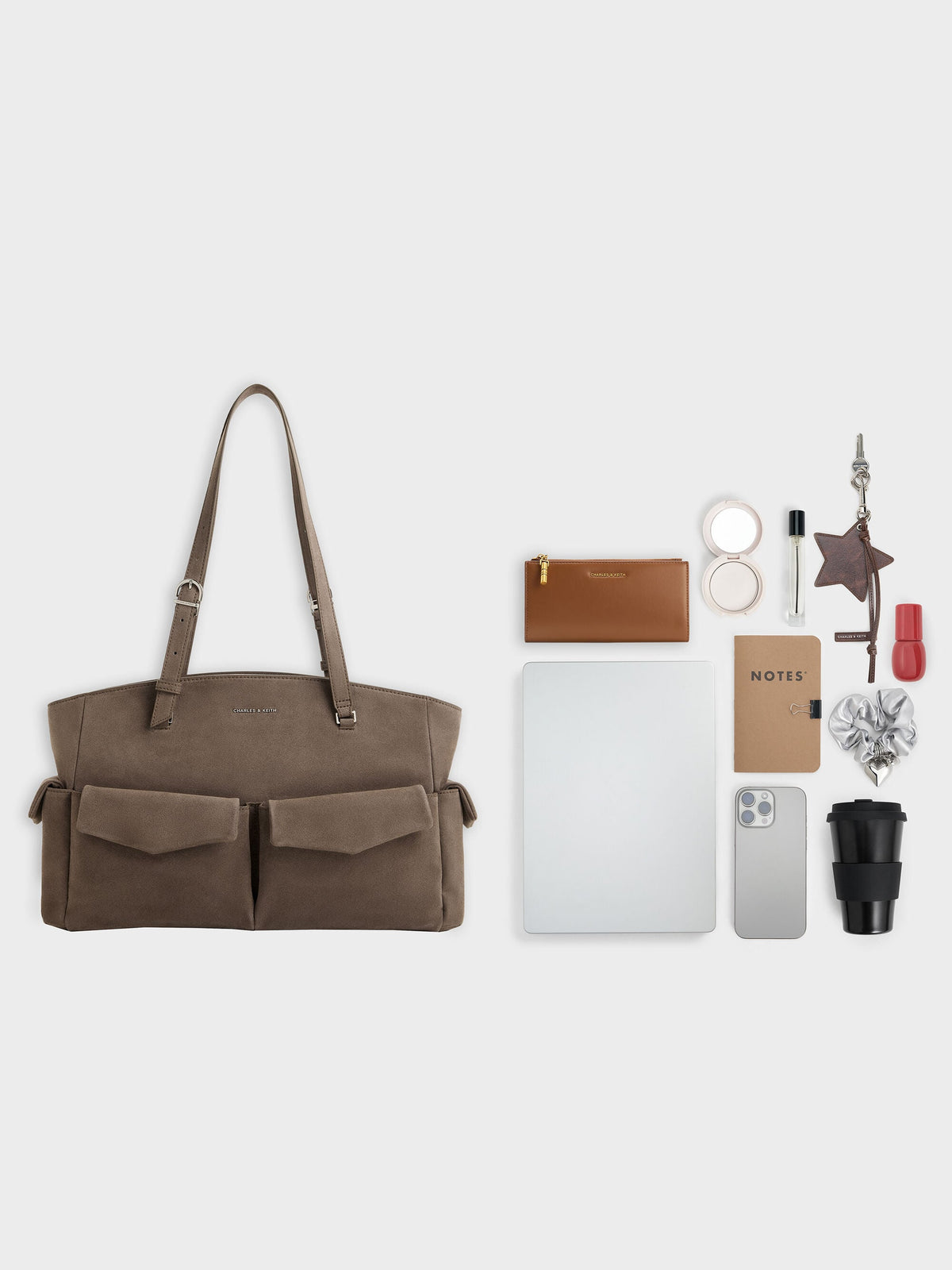 CHARLES & KEITH Trusted / Rachel Multi-Pocket Tote Bag - Stone Grey