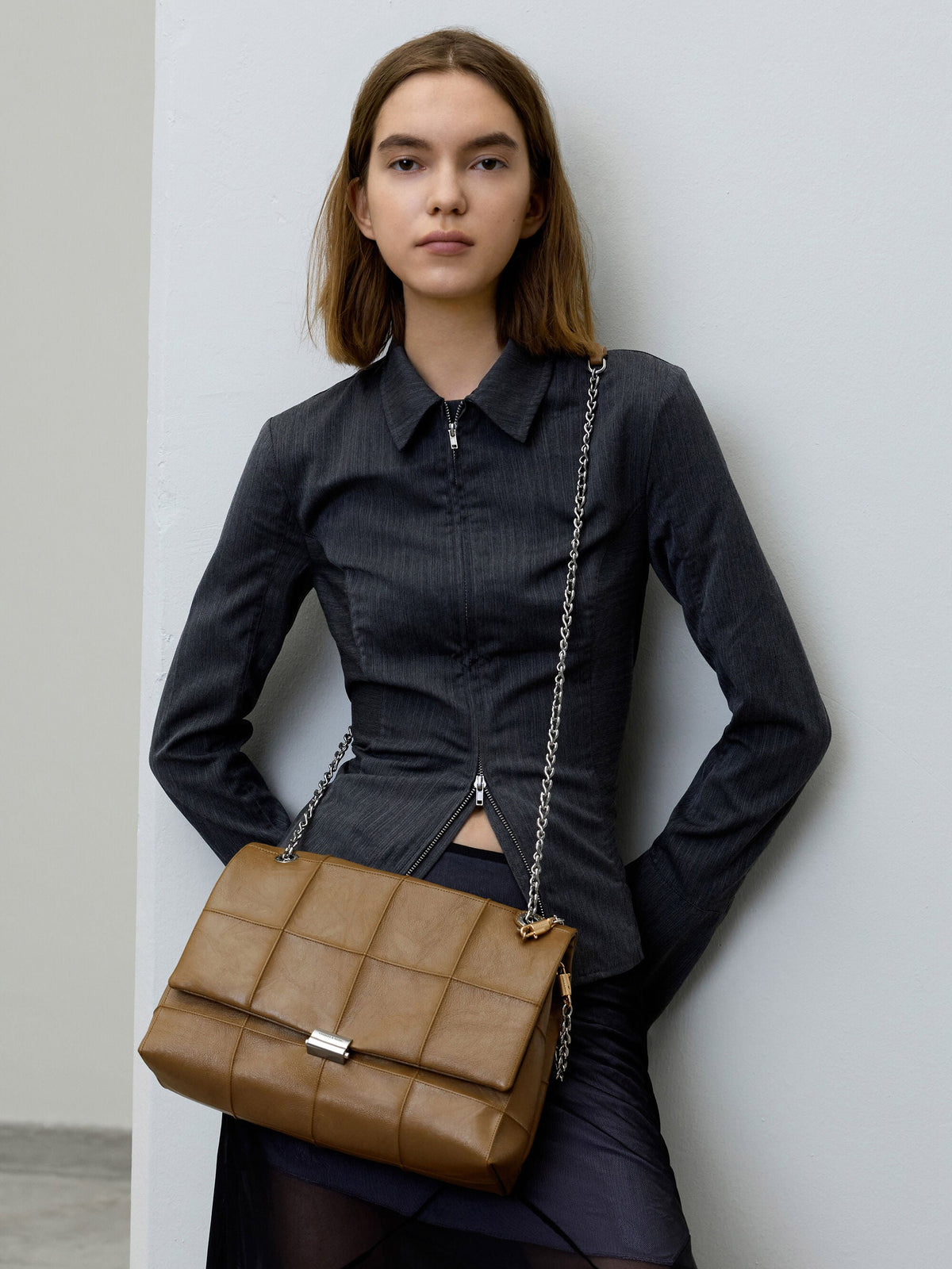 CHARLES & KEITH Value / Large Delfina Quilted Chain-Strap Shoulder Bag - Walnut Brown