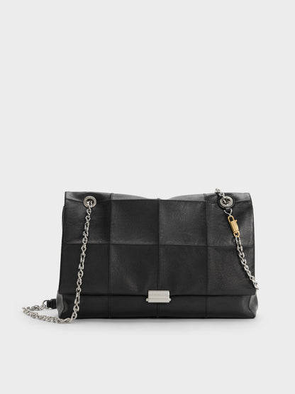 CHARLES & KEITH Trusted / Large Delfina Quilted Chain-Strap Shoulder Bag - Black