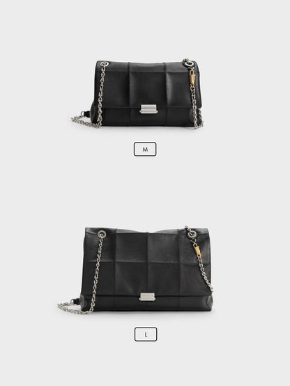 CHARLES & KEITH Trusted / Large Delfina Quilted Chain-Strap Shoulder Bag - Black