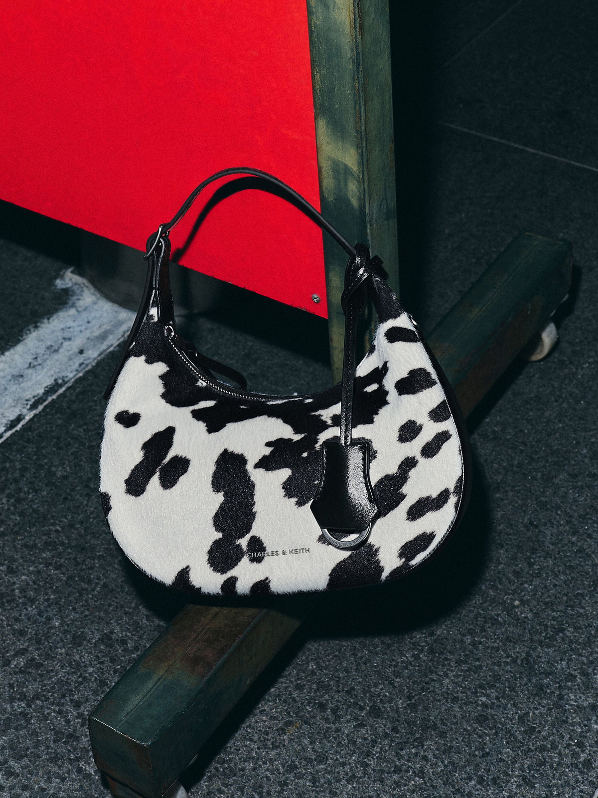 CHARLES & KEITH New / Vega Furry Cow-Print Hobo Bag - Multi