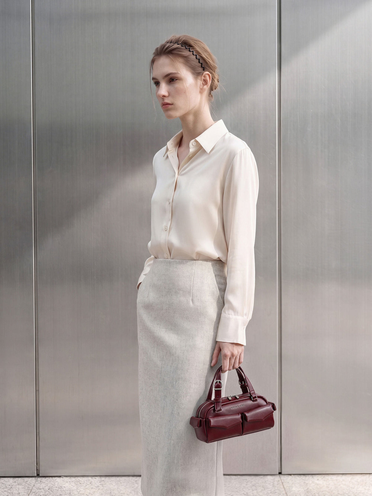 CHARLES & KEITH Premium / Rachel Multi-Pocket Bowling Bag - Burgundy