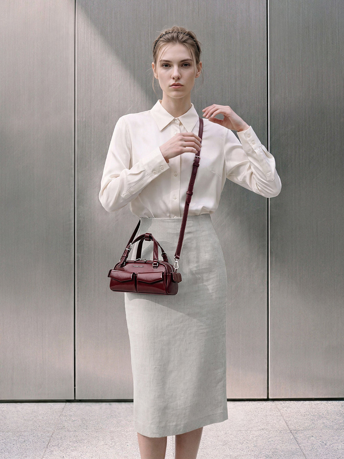 CHARLES & KEITH Premium / Rachel Multi-Pocket Bowling Bag - Burgundy