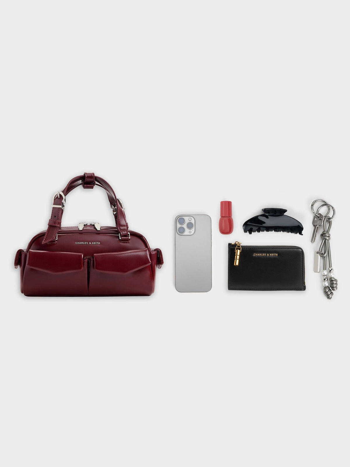 CHARLES & KEITH Premium / Rachel Multi-Pocket Bowling Bag - Burgundy