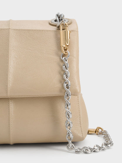 CHARLES & KEITH Smart Buy / Delfina Quilted Chain-Strap Shoulder Bag - Sand Beige