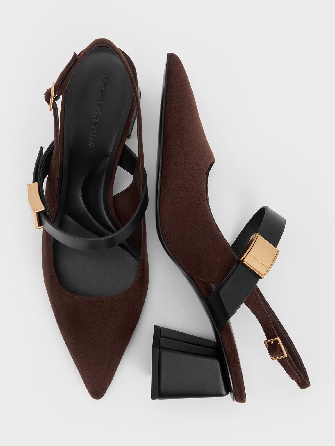 CHARLES & KEITH Hot Sale / Yvette Faux Suede Mary Jane Slingback Pumps - Dark Brown