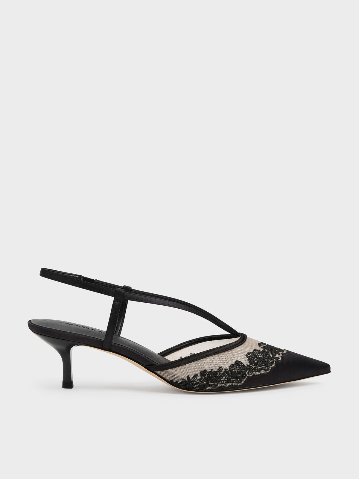 CHARLES & KEITH Best Seller / Satin Embroidered-Mesh Slingback Kitten Heels - Black Textured