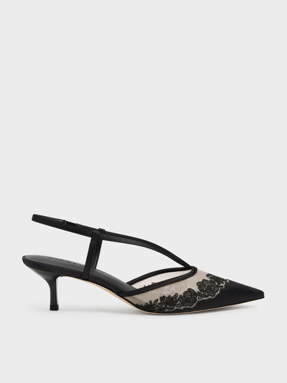 CHARLES & KEITH Best Seller / Satin Embroidered-Mesh Slingback Kitten Heels - Black Textured