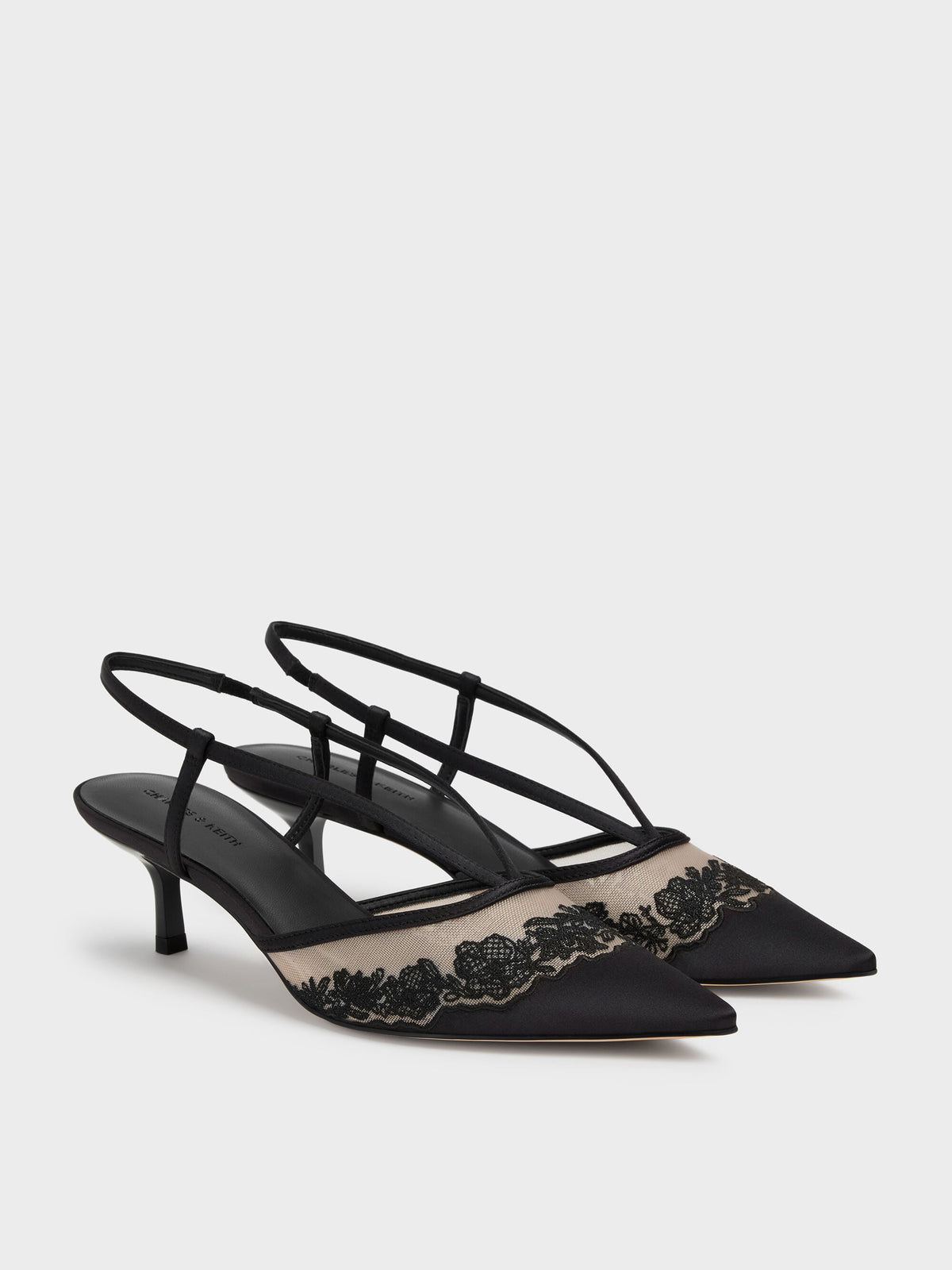 CHARLES & KEITH Best Seller / Satin Embroidered-Mesh Slingback Kitten Heels - Black Textured