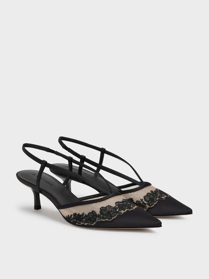 CHARLES & KEITH Best Seller / Satin Embroidered-Mesh Slingback Kitten Heels - Black Textured
