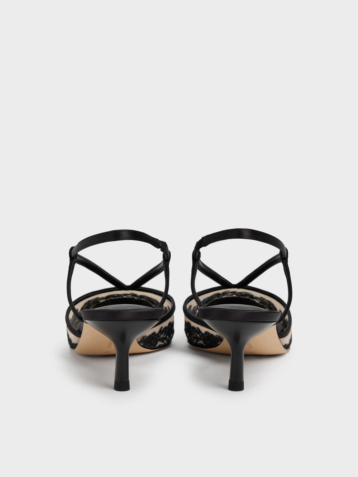 CHARLES & KEITH Best Seller / Satin Embroidered-Mesh Slingback Kitten Heels - Black Textured