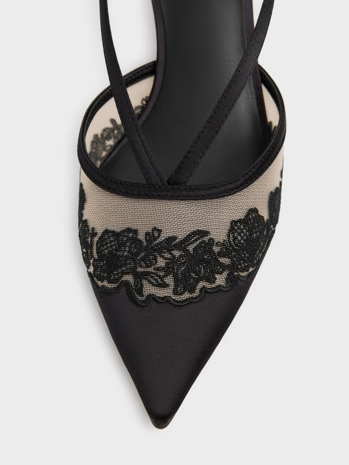 CHARLES & KEITH Best Seller / Satin Embroidered-Mesh Slingback Kitten Heels - Black Textured
