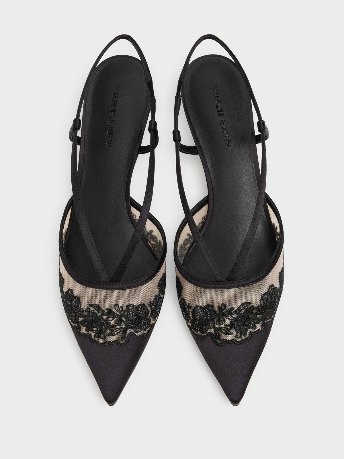 CHARLES & KEITH Best Seller / Satin Embroidered-Mesh Slingback Kitten Heels - Black Textured