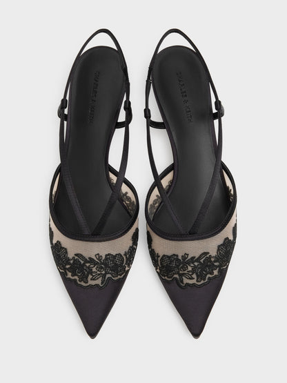 CHARLES & KEITH Best Seller / Satin Embroidered-Mesh Slingback Kitten Heels - Black Textured