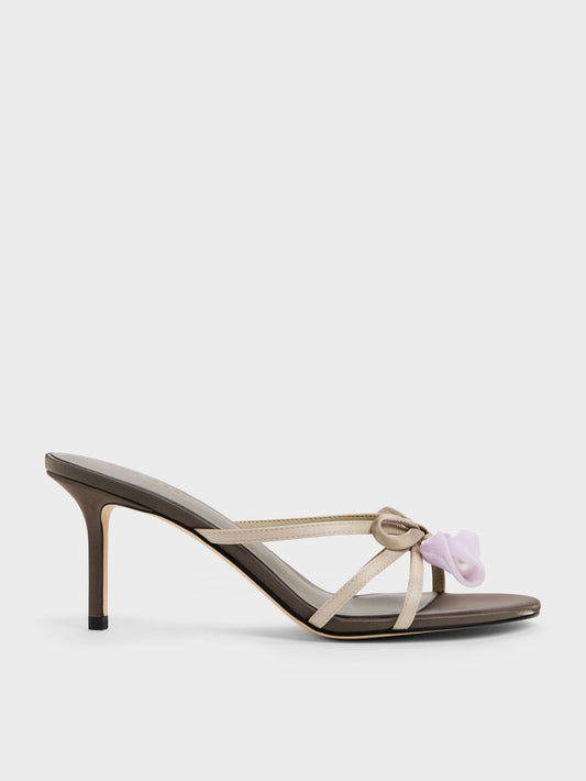 CHARLES & KEITH Special Offer / Bow Flower-Pearl Heeled Mules - Dark Brown Textured