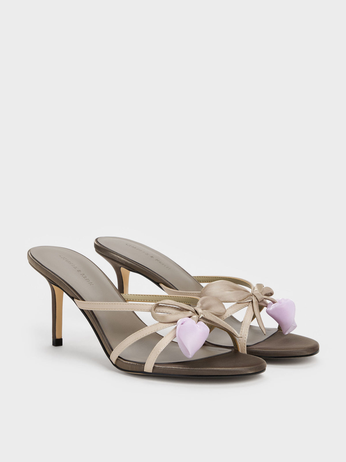 CHARLES & KEITH Special Offer / Bow Flower-Pearl Heeled Mules - Dark Brown Textured