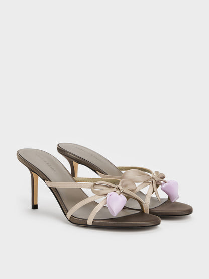 CHARLES & KEITH Special Offer / Bow Flower-Pearl Heeled Mules - Dark Brown Textured