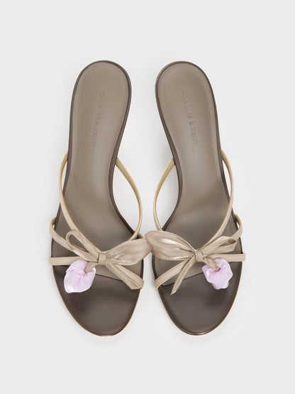 CHARLES & KEITH Special Offer / Bow Flower-Pearl Heeled Mules - Dark Brown Textured