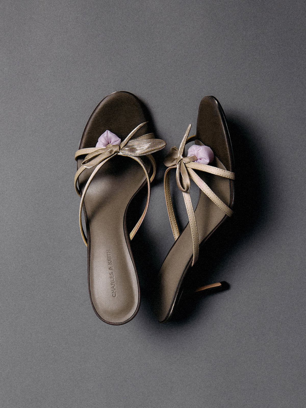 CHARLES & KEITH Special Offer / Bow Flower-Pearl Heeled Mules - Dark Brown Textured