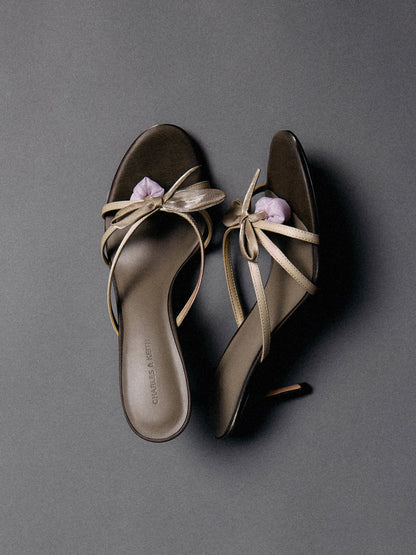 CHARLES & KEITH Special Offer / Bow Flower-Pearl Heeled Mules - Dark Brown Textured