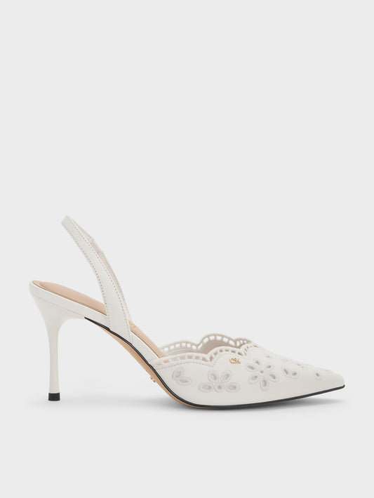 CHARLES & KEITH Featured / Leather Embroidered Pointed Slingback Pumps - White