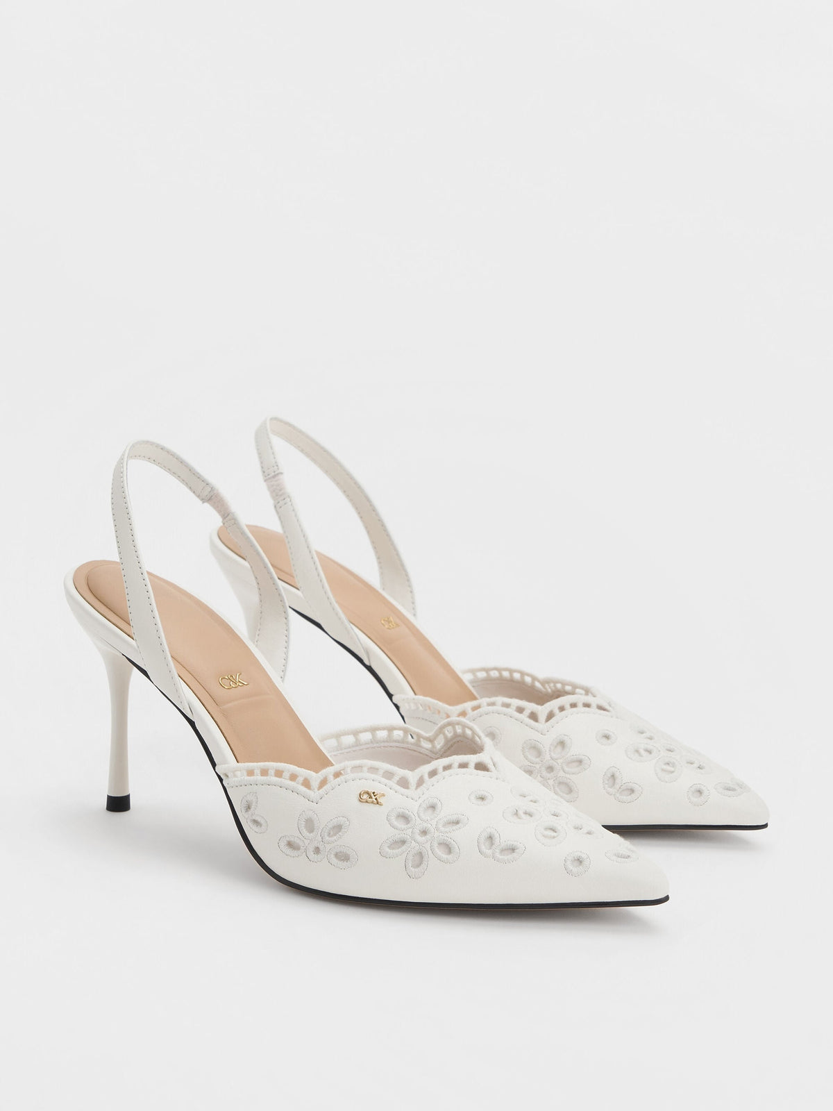 CHARLES & KEITH Featured / Leather Embroidered Pointed Slingback Pumps - White