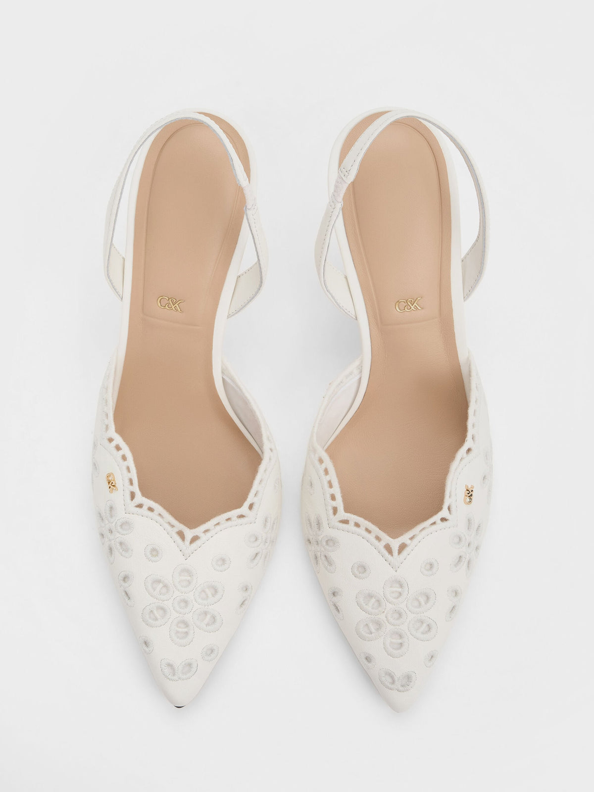 CHARLES & KEITH Featured / Leather Embroidered Pointed Slingback Pumps - White