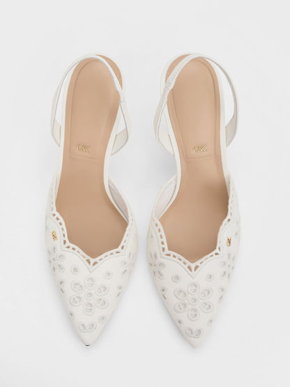 CHARLES & KEITH Featured / Leather Embroidered Pointed Slingback Pumps - White