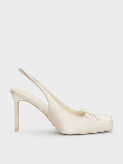 CHARLES & KEITH Sale / Satin Ruched Stiletto Slingback Pumps - Chalk