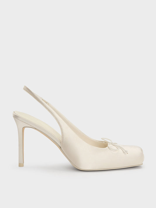 CHARLES & KEITH Sale / Satin Ruched Stiletto Slingback Pumps - Chalk