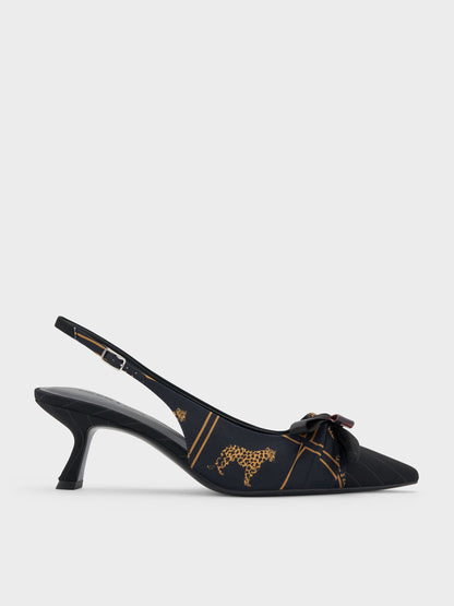 CHARLES & KEITH Customer Favorite / Satin Printed-Bow Pointed Slingback Pumps - Black Textured