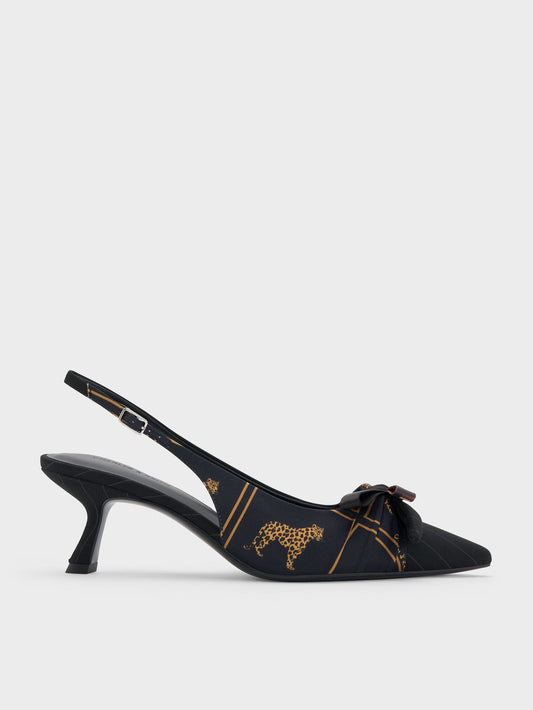CHARLES & KEITH Customer Favorite / Satin Printed-Bow Pointed Slingback Pumps - Black Textured