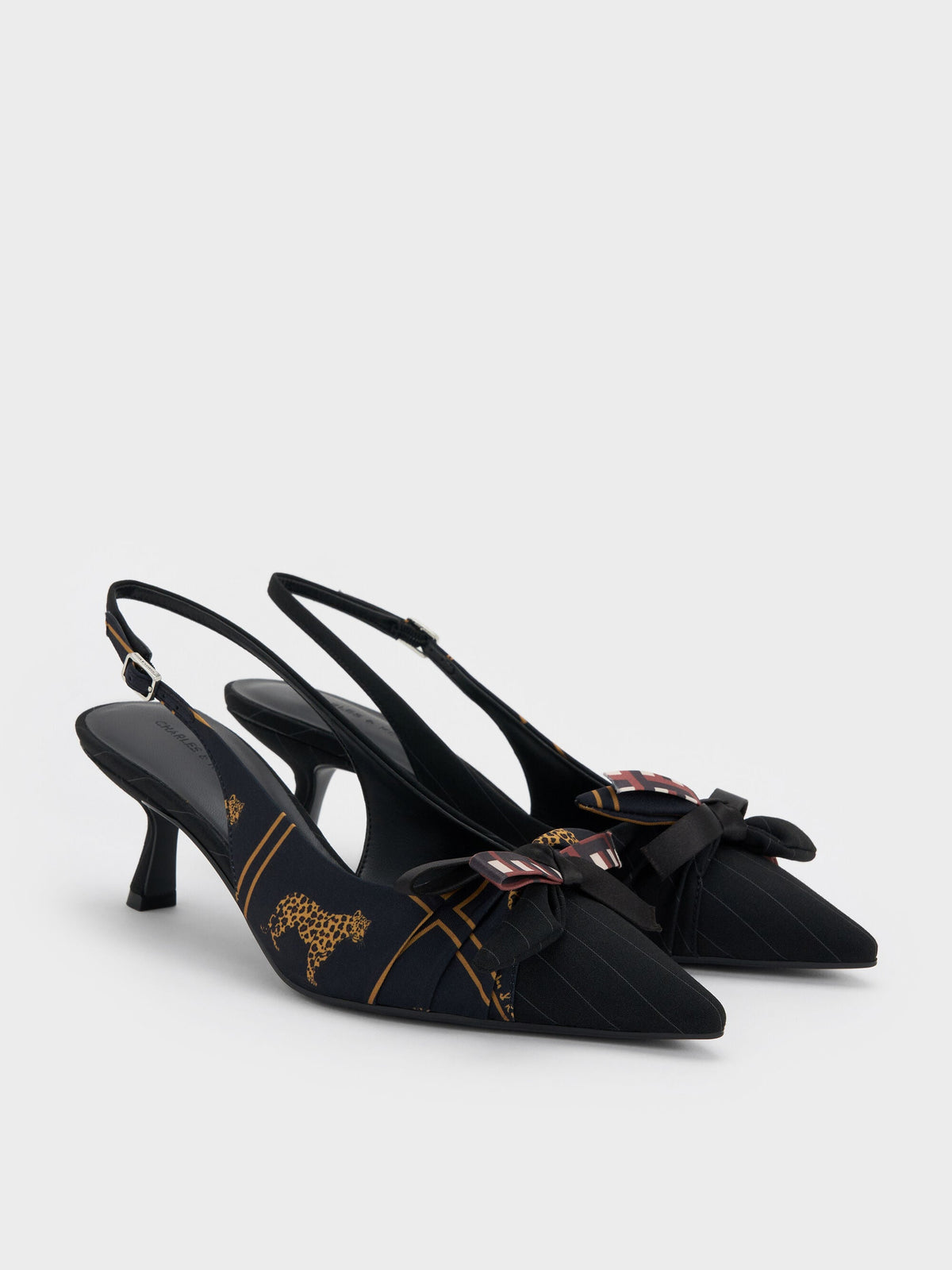 CHARLES & KEITH Customer Favorite / Satin Printed-Bow Pointed Slingback Pumps - Black Textured