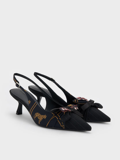 CHARLES & KEITH Customer Favorite / Satin Printed-Bow Pointed Slingback Pumps - Black Textured