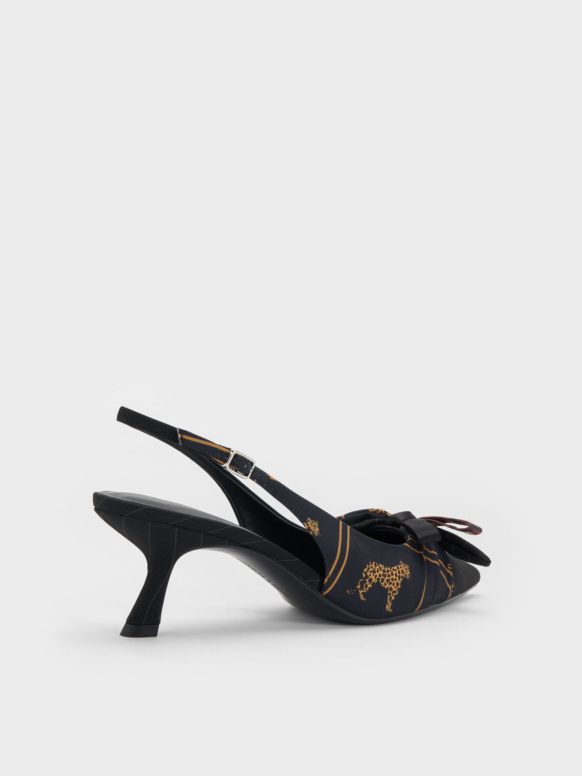 CHARLES & KEITH Customer Favorite / Satin Printed-Bow Pointed Slingback Pumps - Black Textured