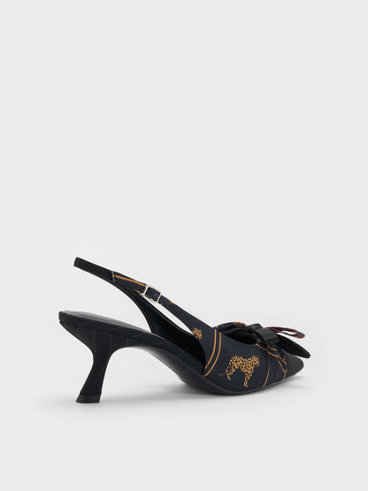 CHARLES & KEITH Customer Favorite / Satin Printed-Bow Pointed Slingback Pumps - Black Textured