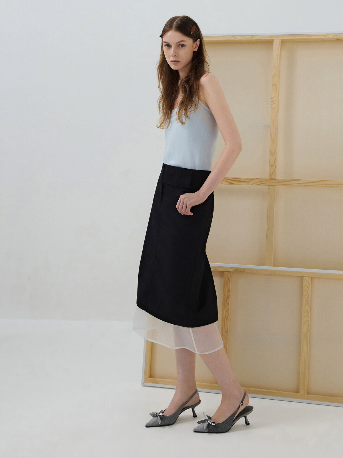 CHARLES & KEITH Customer Favorite / Satin Printed-Bow Pointed Slingback Pumps - Black Textured