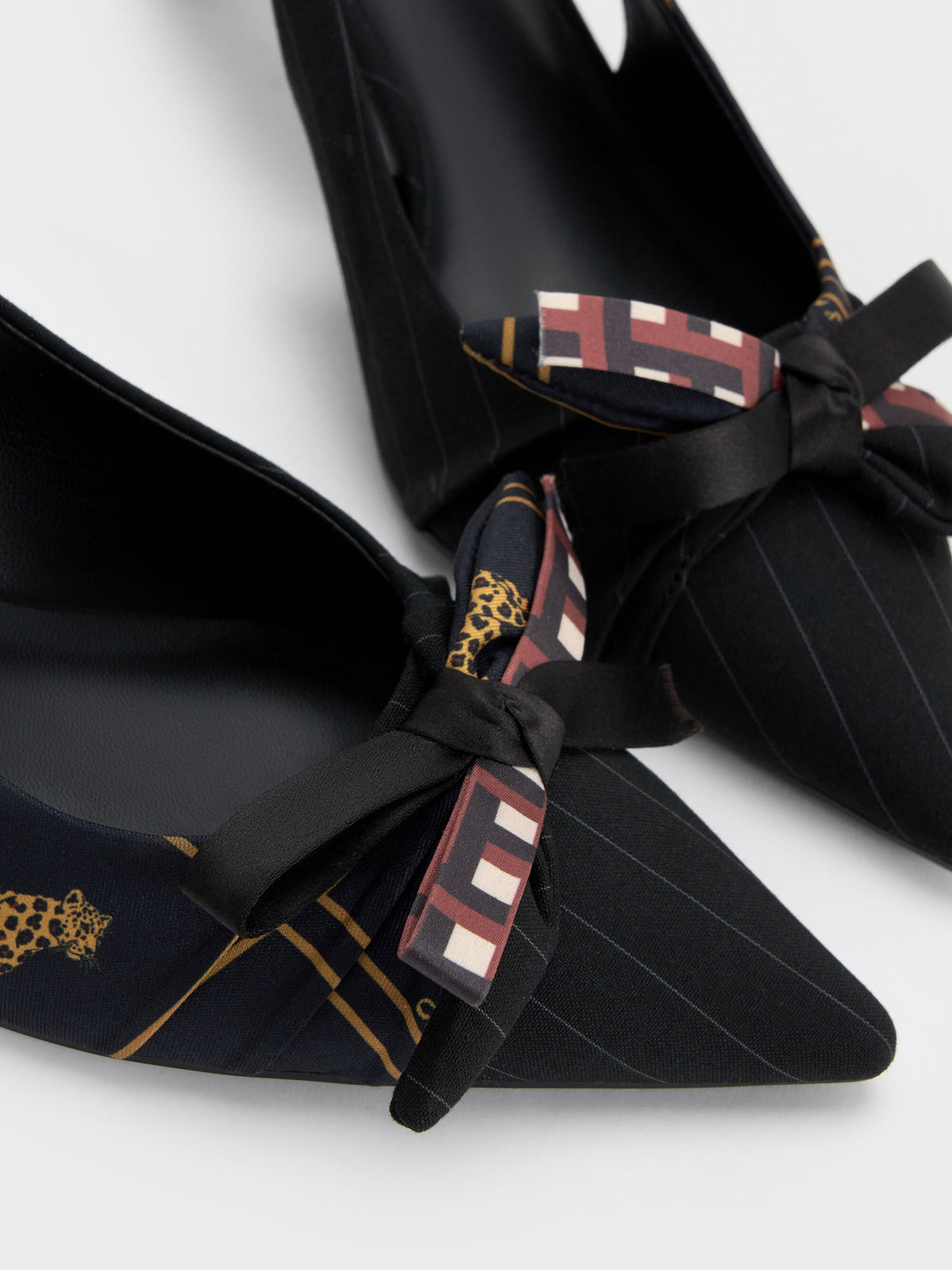 CHARLES & KEITH Customer Favorite / Satin Printed-Bow Pointed Slingback Pumps - Black Textured