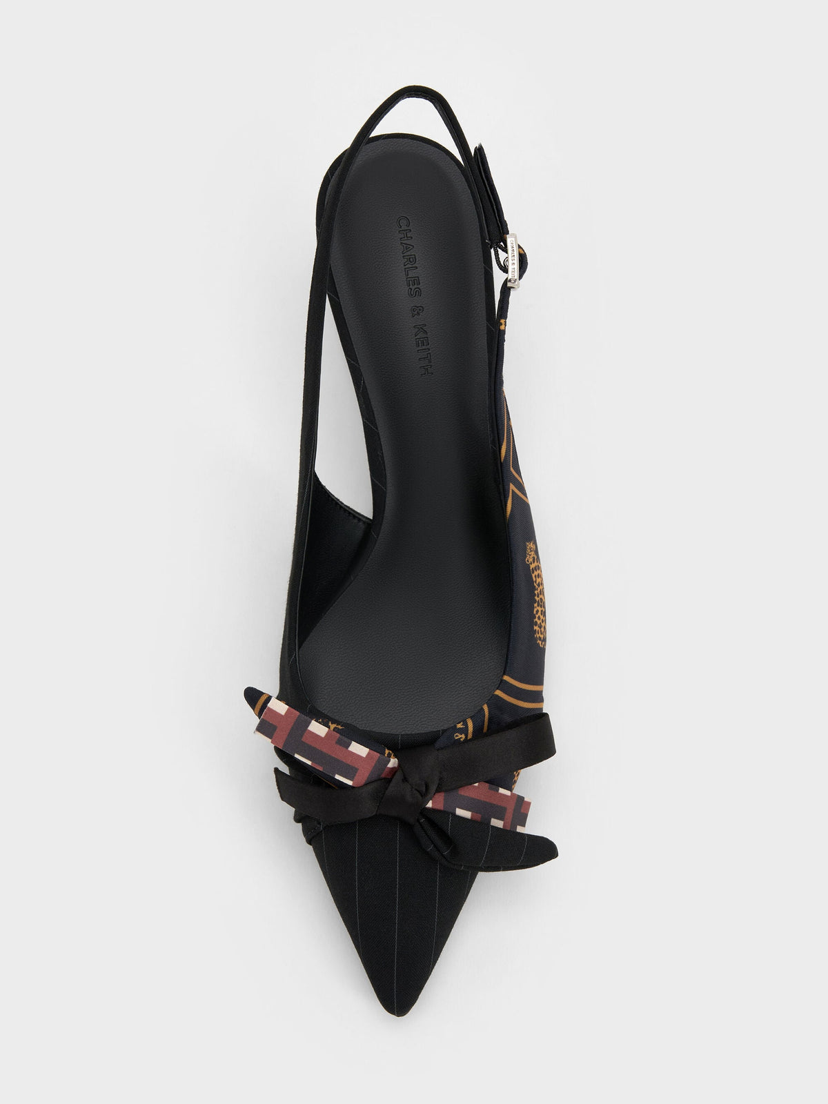 CHARLES & KEITH Customer Favorite / Satin Printed-Bow Pointed Slingback Pumps - Black Textured