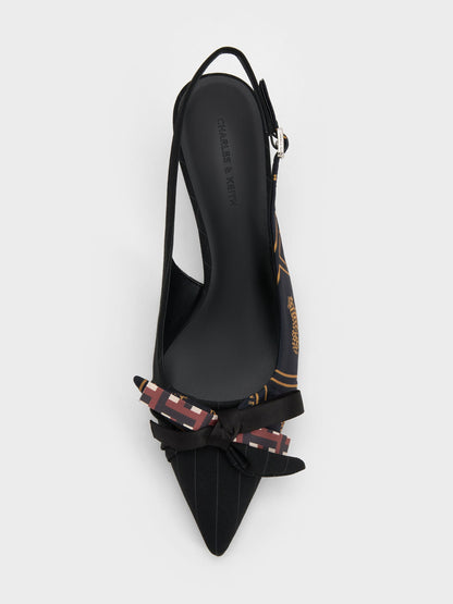 CHARLES & KEITH Customer Favorite / Satin Printed-Bow Pointed Slingback Pumps - Black Textured