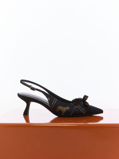CHARLES & KEITH Customer Favorite / Satin Printed-Bow Pointed Slingback Pumps - Black Textured