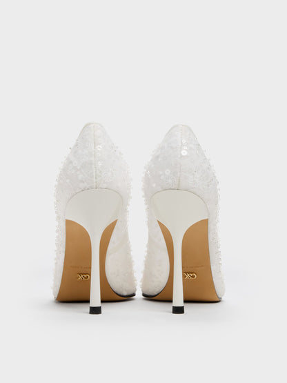 CHARLES & KEITH Sale / Kyra Embroidered-Mesh Stiletto Pumps - White
