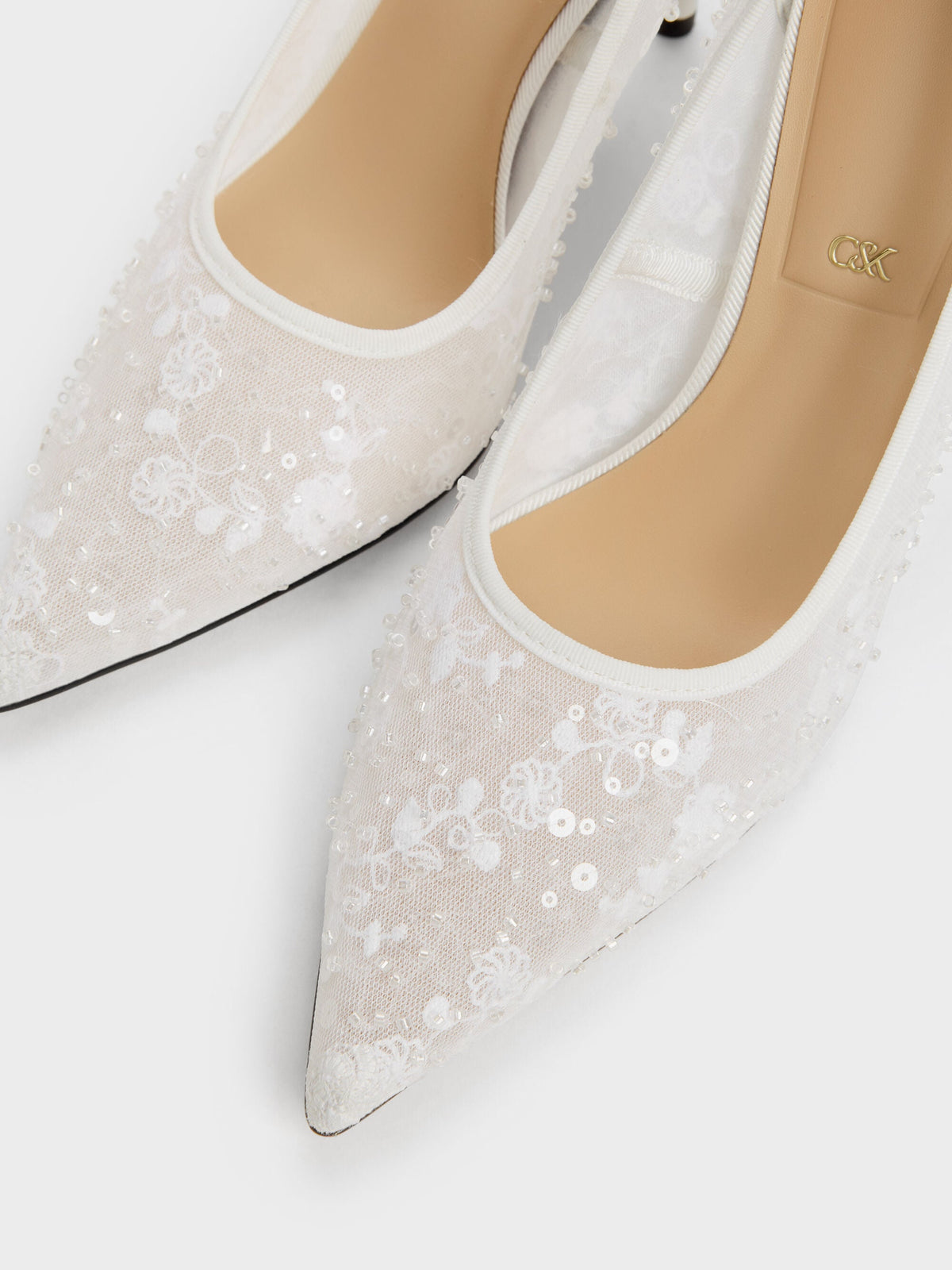 CHARLES & KEITH Sale / Kyra Embroidered-Mesh Stiletto Pumps - White