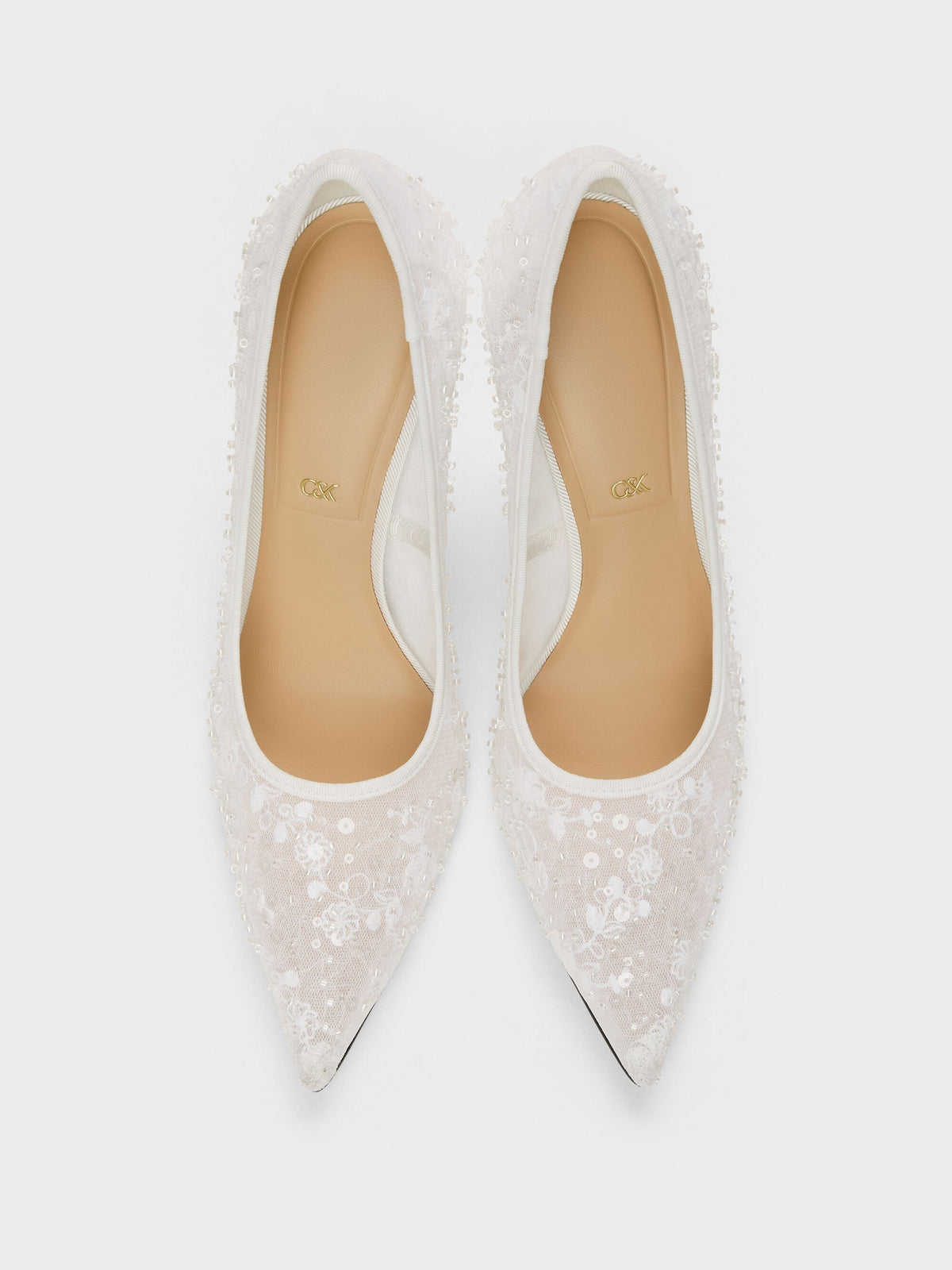 CHARLES & KEITH Sale / Kyra Embroidered-Mesh Stiletto Pumps - White
