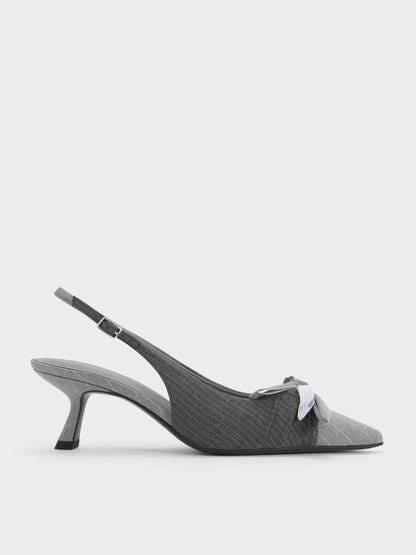 CHARLES & KEITH Deals / Striped Knot-Bow Pointed Slingback Pumps - Grey