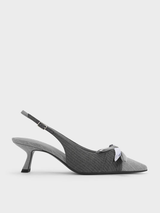 CHARLES & KEITH Deals / Striped Knot-Bow Pointed Slingback Pumps - Grey