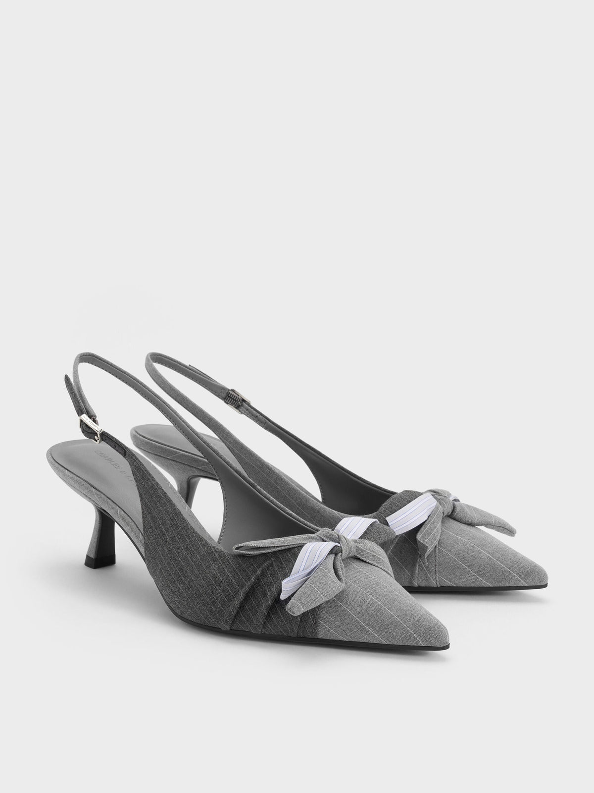 CHARLES & KEITH Deals / Striped Knot-Bow Pointed Slingback Pumps - Grey