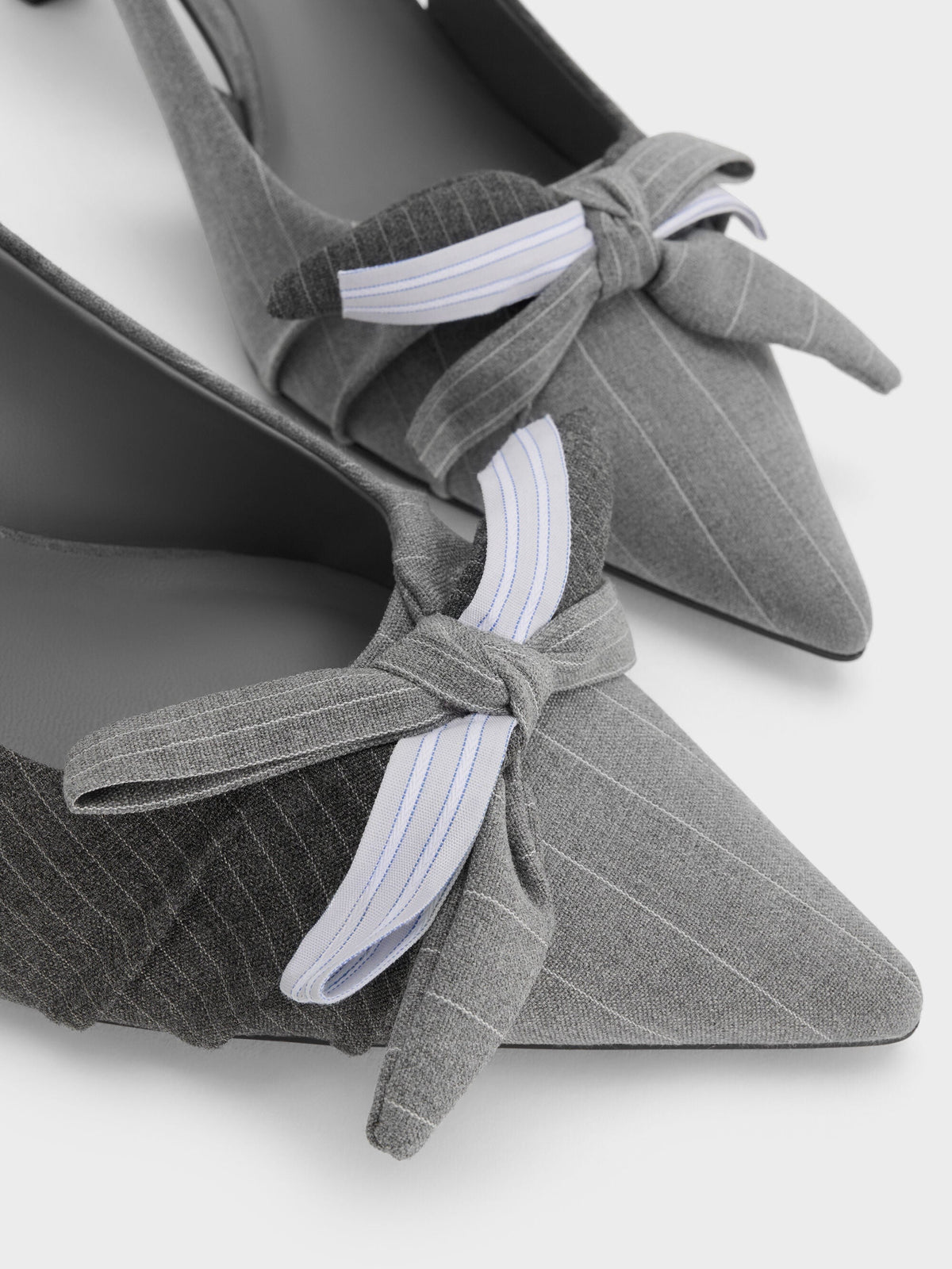 CHARLES & KEITH Deals / Striped Knot-Bow Pointed Slingback Pumps - Grey