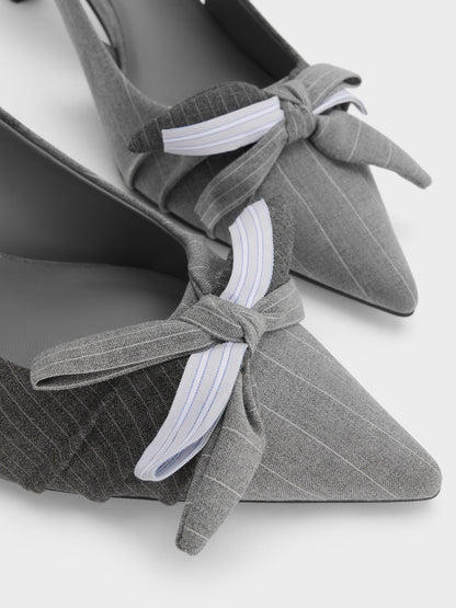 CHARLES & KEITH Deals / Striped Knot-Bow Pointed Slingback Pumps - Grey