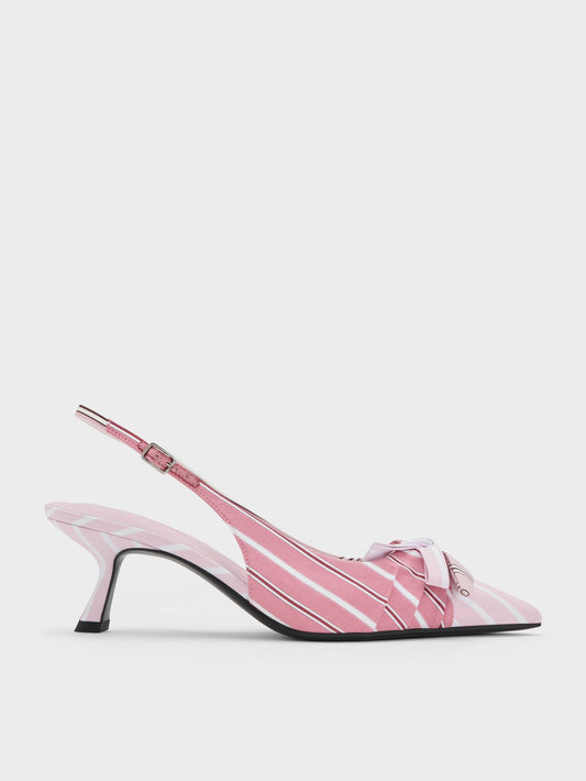 CHARLES & KEITH Discount / Striped Knot-Bow Pointed Slingback Pumps - Light Pink